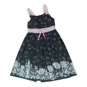 Girls Black and White Print Dress with Pink Trim
